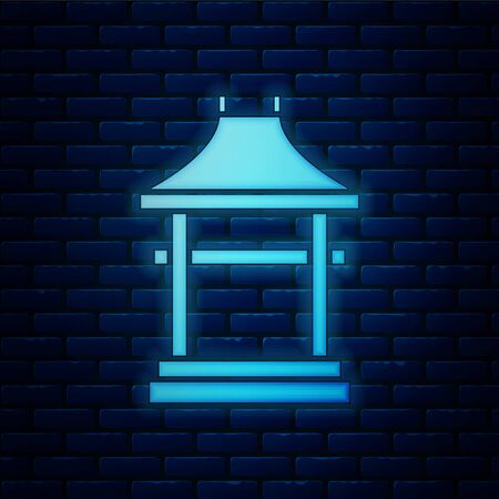 Glowing neon Japan Gate icon isolated on brick wall background. Torii gate sign. Japanese traditional classic gate symbol. Vector Illustrationのイラスト素材