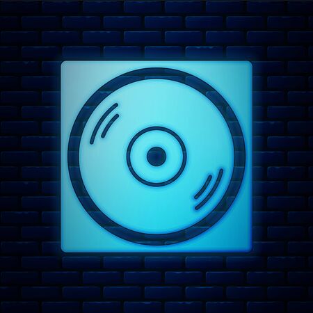 Glowing neon Vinyl player with a vinyl disk icon isolated on brick wall background. Vector Illustrationのイラスト素材