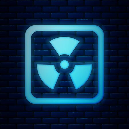 Glowing neon Radioactive icon isolated on brick wall background. Radioactive toxic symbol. Radiation Hazard sign. Vector Illustrationのイラスト素材