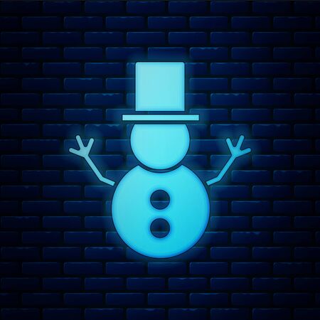 Glowing neon Christmas snowman icon isolated on brick wall background. Merry Christmas and Happy New Year. Vector Illustrationのイラスト素材