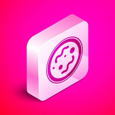 Isometric Bacteria icon isolated on pink background. Bacteria and germs, microorganism disease causing, cell cancer, microbe, virus, fungi. Silver square button. Vector Illustrationのイラスト素材