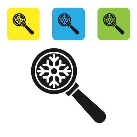 Black Magnifying glass with snowflake icon isolated on white background. Set icons colorful square buttons. Vector Illustrationのイラスト素材