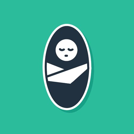 Blue Newborn baby infant swaddled or swaddling icon isolated on green background. Baby kid child wrapped in blanket clothes.  Vector Illustrationのイラスト素材