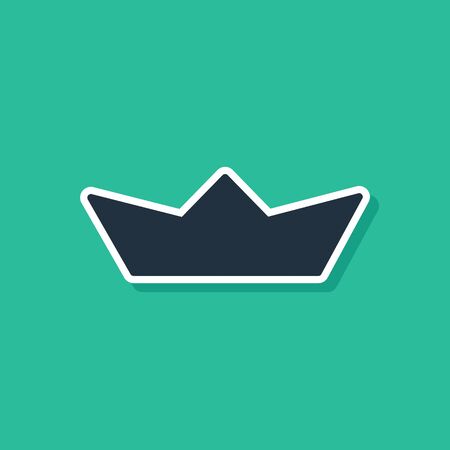 Blue Folded paper boat icon isolated on green background. Origami paper ship.  Vector Illustrationのイラスト素材