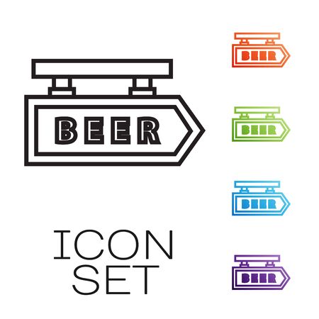 Black line Street signboard with inscription Beer icon isolated on white background. Suitable for advertisements bar, cafe, pub, restaurant. Set icons colorful. Vector Illustrationのイラスト素材
