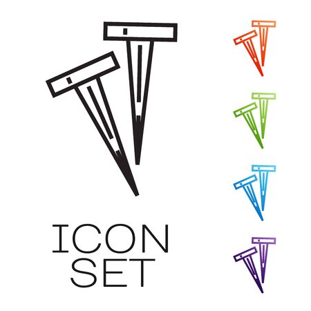 Black line Pegs for tents icon isolated on white background. Extreme sport. Sport equipment. Set icons colorful. Vector Illustrationのイラスト素材