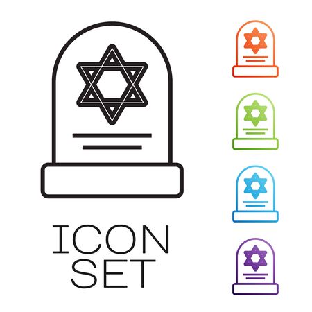 Black line Tombstone with star of david icon isolated on white background. Jewish grave stone. Gravestone icon. Set icons colorful. Vector Illustrationのイラスト素材