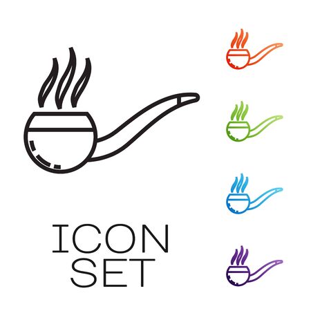 Black line Smoking pipe with smoke icon isolated on white background. Tobacco pipe. Set icons colorful. Vector Illustrationのイラスト素材