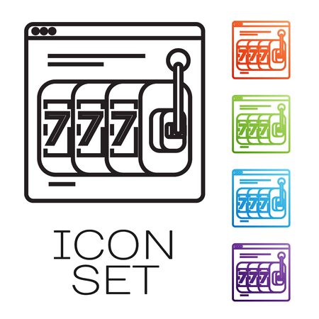 Black line Online slot machine with lucky sevens jackpot icon isolated on white background. Online casino. Set icons colorful. Vector Illustrationのイラスト素材