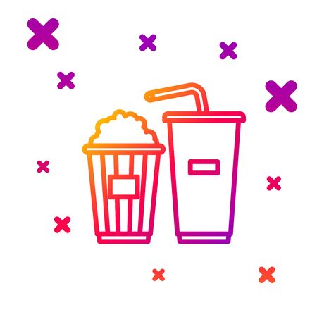 Color line Popcorn in cardboard box and paper glass with drinking straw and water icon isolated on white background. Soda drink glass. Gradient random dynamic shapes. Vector Illustrationのイラスト素材