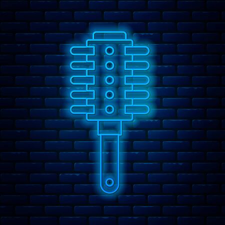Glowing neon line Hairbrush icon isolated on brick wall background. Comb hair sign. Barber symbol.  Vector Illustrationのイラスト素材