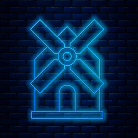 Glowing neon line Windmill icon isolated on brick wall background. Vector Illustrationのイラスト素材