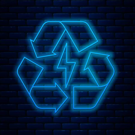 Glowing neon line Battery with recycle symbol line icon isolated on brick wall background. Battery with recycling symbol - renewable energy concept. Vector Illustrationのイラスト素材