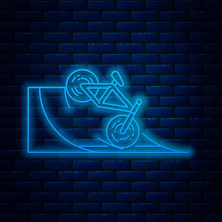 Glowing neon line Bicycle on street ramp icon isolated on brick wall background. Skate park. Extreme sport. Sport equipment. Vector Illustrationのイラスト素材