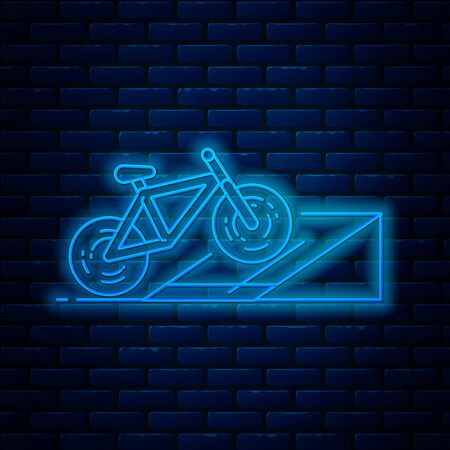 Glowing neon line Bicycle on street ramp icon isolated on brick wall background. Skate park. Extreme sport. Sport equipment. Vector Illustrationのイラスト素材