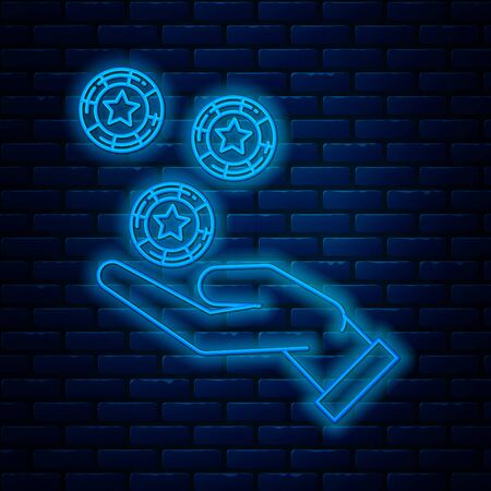 Glowing neon line Hand holding casino chips icon isolated on brick wall background. Casino gambling. Vector Illustrationのイラスト素材