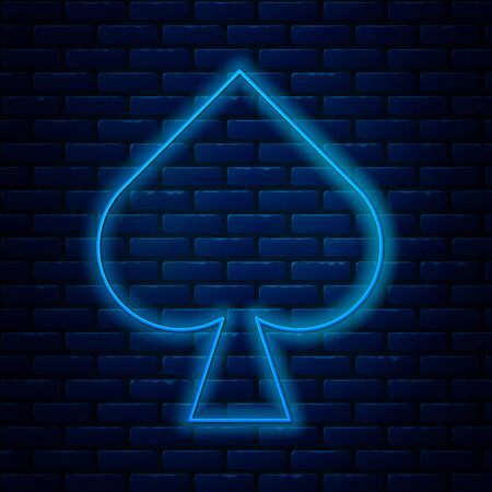 Glowing neon line Playing card with spades symbol icon isolated on brick wall background. Casino gambling. Vector Illustrationのイラスト素材