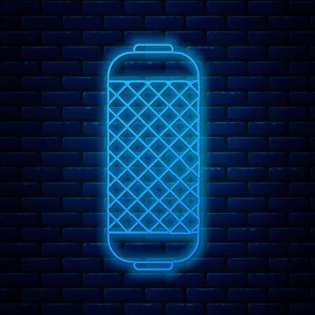 Glowing neon line Stereo speaker icon isolated on brick wall background. Sound system speakers. Music icon. Musical column speaker bass equipment. Vector Illustrationのイラスト素材