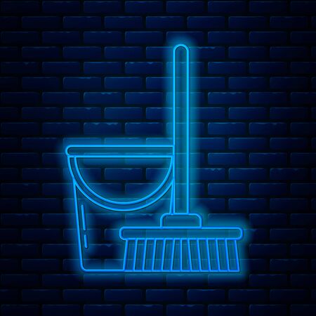 Glowing neon line Mop and bucket icon isolated on brick wall background. Cleaning service concept. Vector Illustrationのイラスト素材