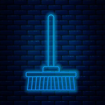 Glowing neon line Mop icon isolated on brick wall background. Cleaning service concept. Vector Illustrationのイラスト素材