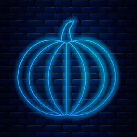 Glowing neon line Pumpkin icon isolated on brick wall background. Happy Halloween party. Vector Illustrationのイラスト素材