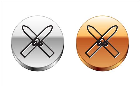 Black line Ski and sticks icon isolated on white background. Extreme sport. Skiing equipment. Winter sports icon. Silver-gold circle button. Vector Illustrationのイラスト素材