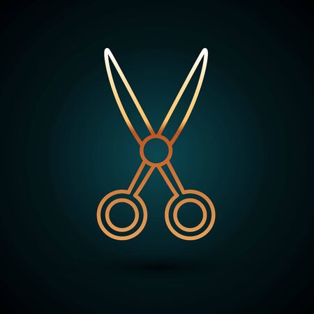 Gold line Scissors hairdresser icon isolated on dark blue background. Hairdresser, fashion salon and barber sign. Barbershop symbol.  Vector Illustrationのイラスト素材