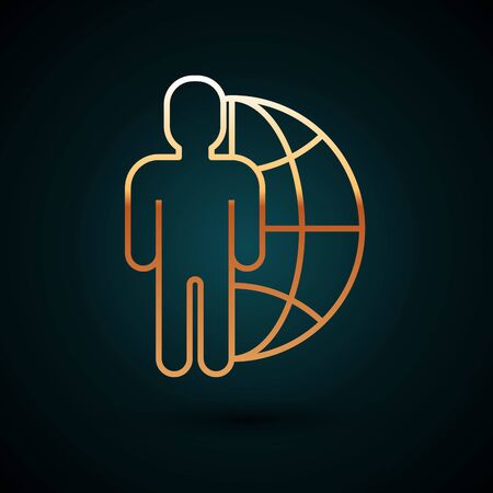 Gold line Globe and people icon isolated on dark blue background. Global business symbol. Social network icon. Vector Illustrationのイラスト素材