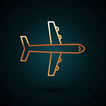 Gold line Plane icon isolated on dark blue background. Flying airplane icon. Airliner sign. Vector Illustrationのイラスト素材