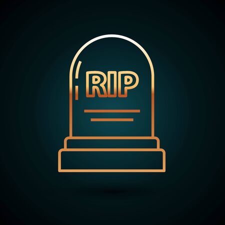 Gold line Tombstone with RIP written on it icon isolated on dark blue background. Grave icon. Vector Illustrationのイラスト素材