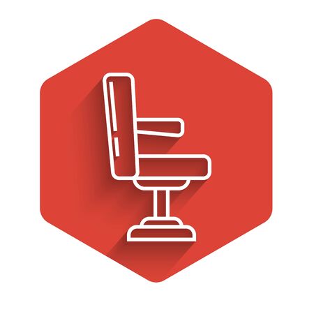 White line Barbershop chair icon isolated with long shadow. Barber armchair sign. Red hexagon button. Vector Illustrationのイラスト素材