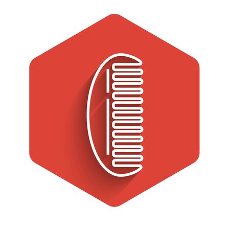 White line Hairbrush icon isolated with long shadow. Comb hair sign. Barber symbol. Red hexagon button. Vector Illustrationのイラスト素材