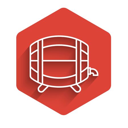 White line Wooden barrel on rack with stopcock icon isolated with long shadow. Red hexagon button. Vector Illustrationのイラスト素材