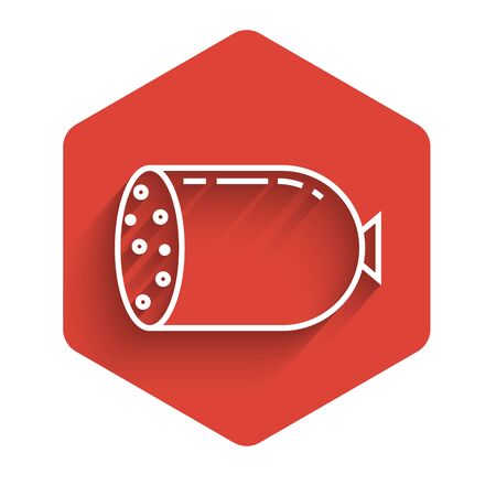 White line Salami sausage icon isolated with long shadow. Meat delicatessen product. Red hexagon button. Vector Illustrationのイラスト素材