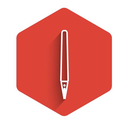 White line Pen icon isolated with long shadow. Red hexagon button. Vector Illustrationのイラスト素材