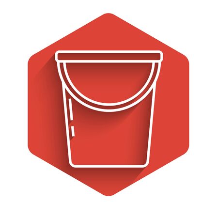 White line Bucket icon isolated with long shadow. Red hexagon button. Vector Illustrationのイラスト素材