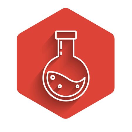 White line Bottle with potion icon isolated with long shadow. Flask with magic potion. Happy Halloween party. Red hexagon button. Vector Illustrationのイラスト素材