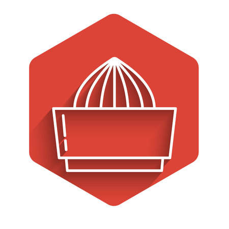 White line Citrus fruit juicer icon isolated with long shadow. Red hexagon button. Vector Illustrationのイラスト素材