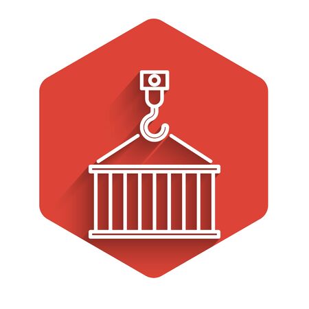 White line Container on crane icon isolated with long shadow. Crane lifts a container with cargo. Red hexagon button. Vector Illustrationのイラスト素材
