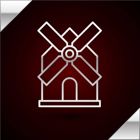 Silver line Windmill icon isolated on dark red background. Vector Illustrationのイラスト素材