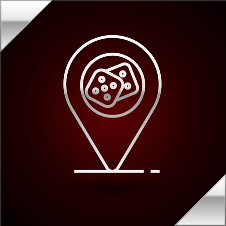 Silver line Casino location icon isolated on dark red background. Game dice icon. Vector Illustrationのイラスト素材