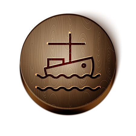 Brown line Fishing boat on water icon isolated on white background. Wooden circle button. Vector Illustrationのイラスト素材