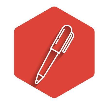 White line Pen icon isolated with long shadow. Red hexagon button. Vector Illustrationのイラスト素材