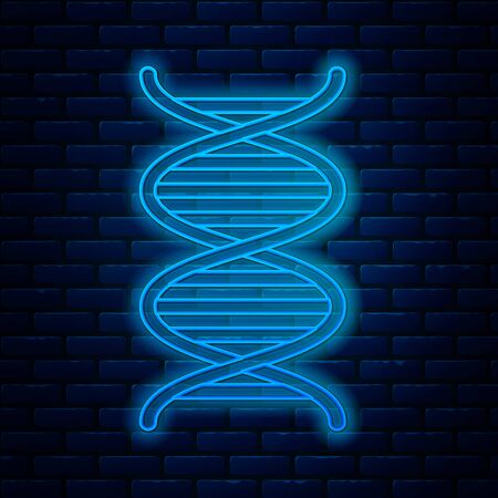 Glowing neon line DNA symbol icon isolated on brick wall background. Vector Illustrationのイラスト素材