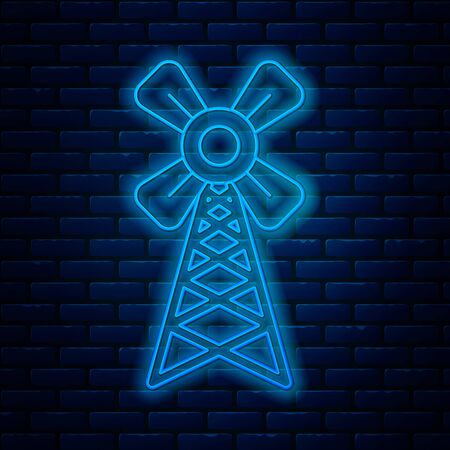 Glowing neon line Windmill icon isolated on brick wall background. Vector Illustrationのイラスト素材