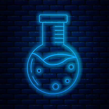 Glowing neon line Test tube and flask chemical laboratory test icon isolated on brick wall background. Laboratory glassware sign. Vector Illustrationのイラスト素材