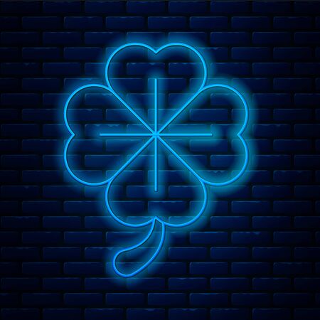 Glowing neon line Four leaf clover icon isolated on brick wall background. Happy Saint Patrick day. Vector Illustrationのイラスト素材