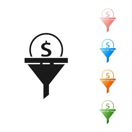Black Lead management icon isolated on white background. Funnel with money. Target client business concept. Set icons colorful. Vector Illustrationのイラスト素材