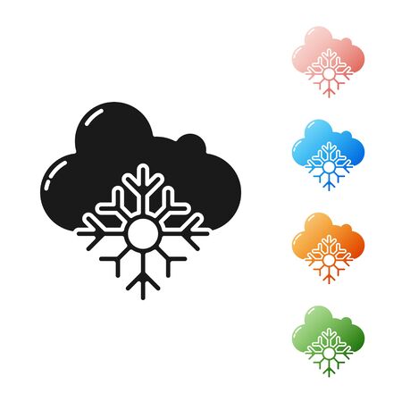 Black Cloud with snow icon isolated on white background. Cloud with snowflakes. Single weather icon. Snowing sign. Set icons colorful. Vector Illustrationのイラスト素材
