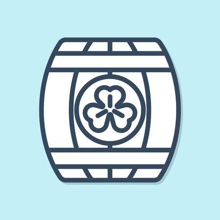 Blue line Wooden barrel with four leaf clover icon isolated on blue background. Alcohol barrel, wooden keg for beer, whiskey, wine.  Vector Illustrationのイラスト素材
